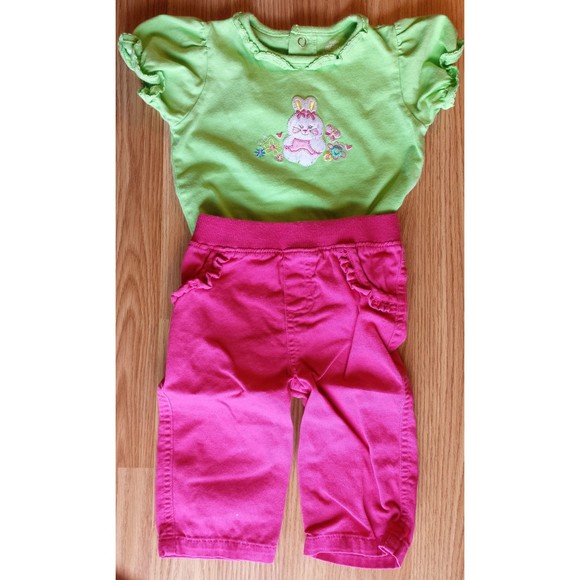 Girl's Size 6-9 M Months 3 Pc Green Okie Dokie Bunny Top, Pink Pants & Headband - Picture 2 of 7